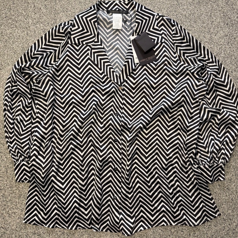 Marina Rinaldi Blouse Womens 29 Baobab Black White Zebra Print Button Up $655